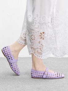 CUCCOO BIZCHIC 女士鞋 法式新款时尚紫色镂空格纹方头平底鞋，优雅百搭，舒适透气，轻便简约休闲高级凉鞋 - 紫色 - 查看 4