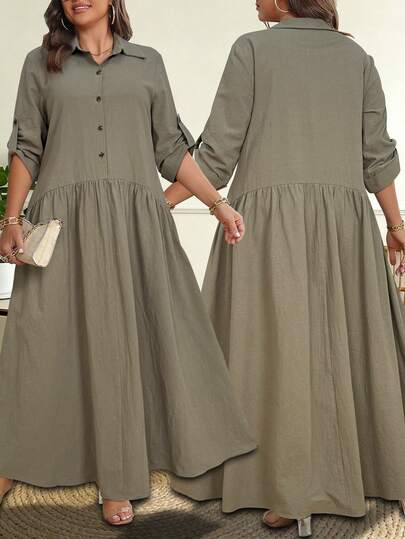 Ceyna فستان نسائي كاجوال أنيق بأكمام طويلة فضفاض بطراز فرنسي لأحجام كبيرة