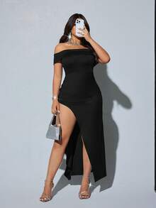 Viva Relle Plus Size Off-Shoulder Side Slit High Stretch Elegant Dress, Suitable For Dates And Parties - Black - View 3