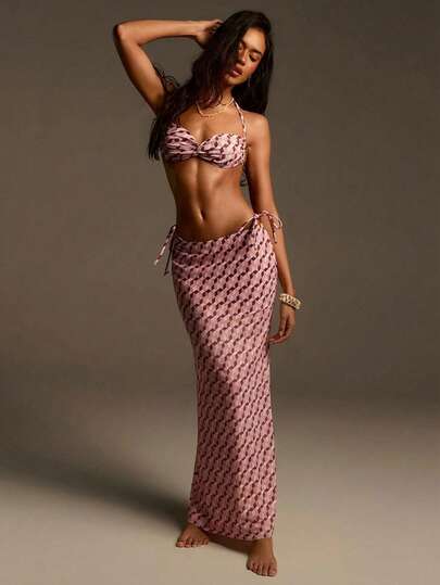 Athîral Women's Casual Vacation Pink Herringbone Pattern Printed Tankini Swimsuit Skirt, Fishtail Half Skirt,Casual Outfit For Women,Beach Outfit,Spring Break Outfits,Spring Clothes Women,Summer Outfits,Summer Holiday Outfits,Summer Outfits For Women,BeachWear,Summer Holiday Outfits,Summer Outfits For Women,Vacation Outfits For Women