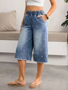 Breezaya Pantalones vaqueros de mujer con bordado de margaritas y efecto desgastado, pantalones casuales de verano para mujer, pantalones vaqueros de mujer con bordado floral, atuendos de playa para mujer - Azul - Ver 4