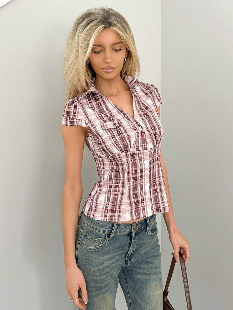 Sydney Algeri Blue Plaid Cap Sleeve Fitted Shirt For Women - Brown - View 1