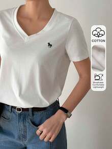 DAZY Women's V-Neck Short Sleeve Loose Casual T-Shirt - White - View 2
