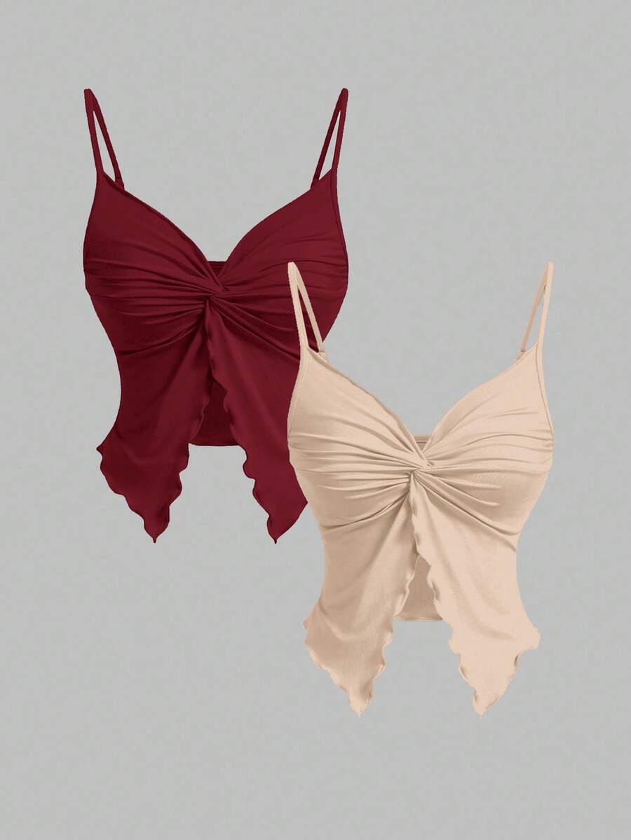 SHEIN MOD Atasan Camisole Wanita Kasual Warna Polos dengan Simpul Putar dan Tali Bahu Tipis - MultiWarna - View 1