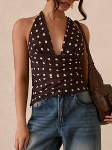 SHEIN Glamour Women's Polka Dot V-Neck Halter Sleeveless Ruched Sexy Blouse - Coffee Brown - View 4