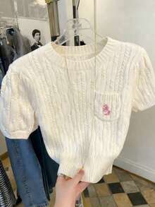 GlowEve 女士柔和奶油白色短袖复古纹理口袋圆领毛衣 - 米色 - 查看 1
