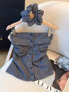 Franclia 女士休闲格子单排扣褶裥抹胸上衣 - 藍色 - 查看 1