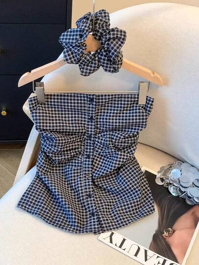 Franclia Women's Casual Plaid Single-Breasted Pleated Tube Top