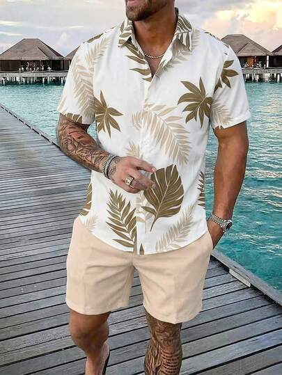 Surfspeed Conjunto de camisa de manga corta de estampado total de apertura frontal casual y pantalones cortos para hombres, traje de baño de verano, estilo hawaiano