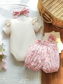 SHEIN Playful Pals 3件組嬰兒可愛休閒外出圓領羅紋刺繡荷葉袖連身衣＋短褲＋蝴蝶結髮帶套裝，春秋款 - 粉色 - 查看 2