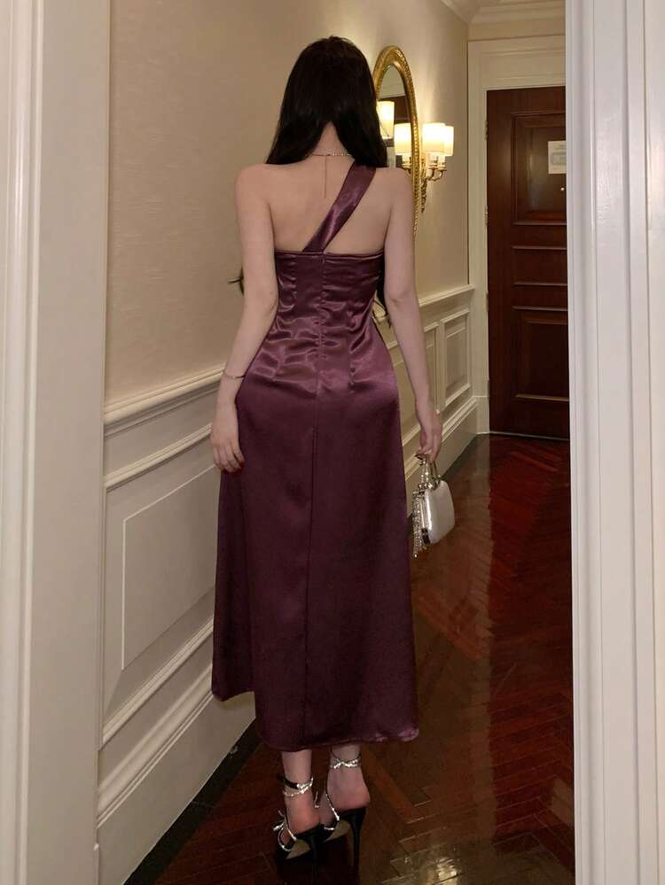 Women's Elegant Solid Color Asymmetrical Shoulder Long Dress, Summer,Wedding Guest Dress Women Maxi Dress Sundress Cocktail Dress