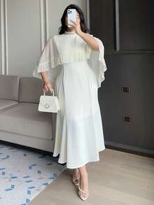 Dazy Plus Plus Size Women Mandarin Collar Rhinestone Decor Ruffle Hem Cape Design Elegant Waist Cinched Party Dress Maxi Dress - Apricot - View 7