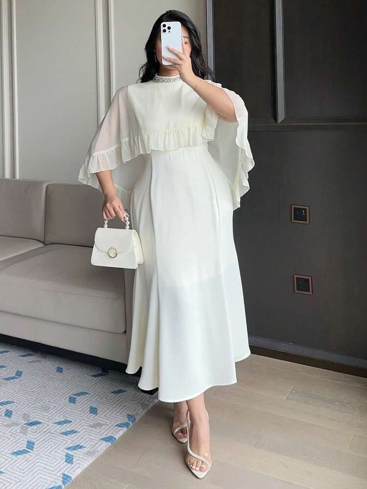 Dazy Plus Plus Size Women Mandarin Collar Rhinestone Decor Ruffle Hem Cape Design Elegant Waist Cinched Party Dress Maxi Dress