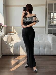 Feyla Women's Elegant Off-Shoulder Ruffle Jumpsuit, Everyday Wear Off The Shoulder Jumpsuit Poka Dots Jumpsuit Polka Dot - Black - View 5