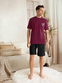 100%Cotton Men's Printed Short Sleeve T-Shirt And Shorts Pajama Set - Burgundy - View 3