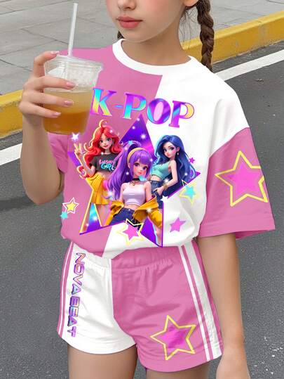 2件套少女撞色卡通印花休闲圆领短袖T恤和短裤套装，适合春夏日常穿着和外出活动
