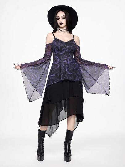 ROMWE Goth 禁忌暗森林波西米亚哥特风蛇刺墓地印花露肩喇叭袖网纱上衣