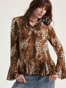 Aveloria Modichic Leopard Print Flounce Hem Shirt, Lively Leopard Print Design, Playful Yet Stylish Silhouette, Suitable For Dates, Outings, And Gatherings With Friends - Multicolor - View 1