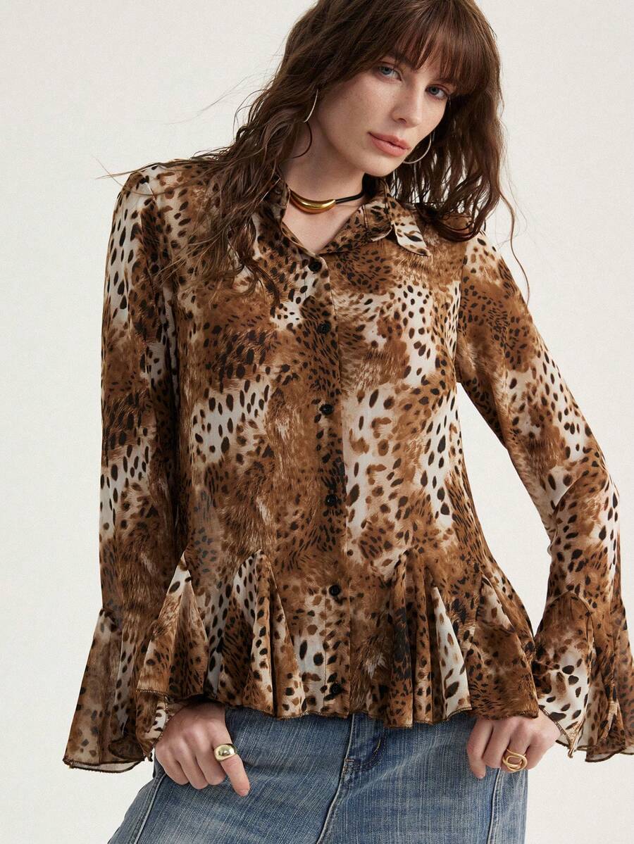 Aveloria Modichic Leopard Print Flounce Hem Shirt, Lively Leopard Print Design, Playful Yet Stylish Silhouette, Suitable For Dates, Outings, And Gatherings With Friends - Multicolor - View 1