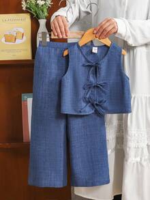 SHEIN 两件套：少女时尚休闲蓝色衬衫，饰有蝴蝶结，搭配直筒裤 - 藍色 - 查看 2