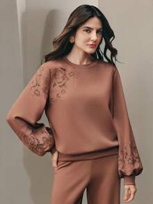 Anewsta Elegant Women's Asymmetrical Fabric Embroidered Graphic Sweatshirt, Suitable For Spring And Summer - Khaki - View 3