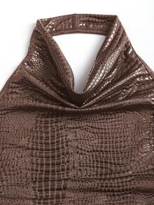 Sweetra Nuevo estilo europeo y americano Sexy top corto casual con cuello halter sin mangas, espalda descubierta, plisado y ajustado. Adecuado para la calle, Y2K, citas, fiestas, versátil - Marrón - Ver 3