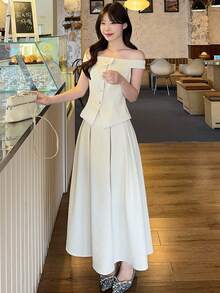DAZY 2pcs Women's Korean Design Button Off-Shoulder Top & Skirt Set, Fashionable & Elegant - Apricot - View 1