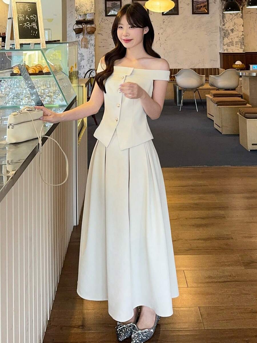 DAZY 2pcs Women's Korean Design Button Off-Shoulder Top & Skirt Set, Fashionable & Elegant - Apricot - View 1