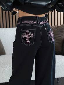 SAYEHFBABY 女式花卉刺绣优雅休闲牛仔裤 - 黑色 - 查看 5