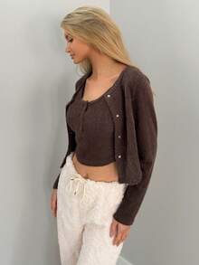 Sydney Algeri 2pcs Women Autumn/Winter Fashion Brown Fuzzy Fitted Crop Top & Cardigan Set Long Sleeve Women - Coffee Brown - View 4
