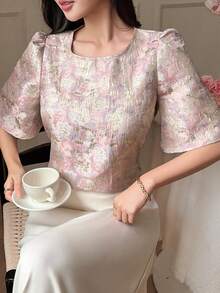 DAZY Women's Elegant Textured Loose Puff Sleeve Blouse - Pink - View 6