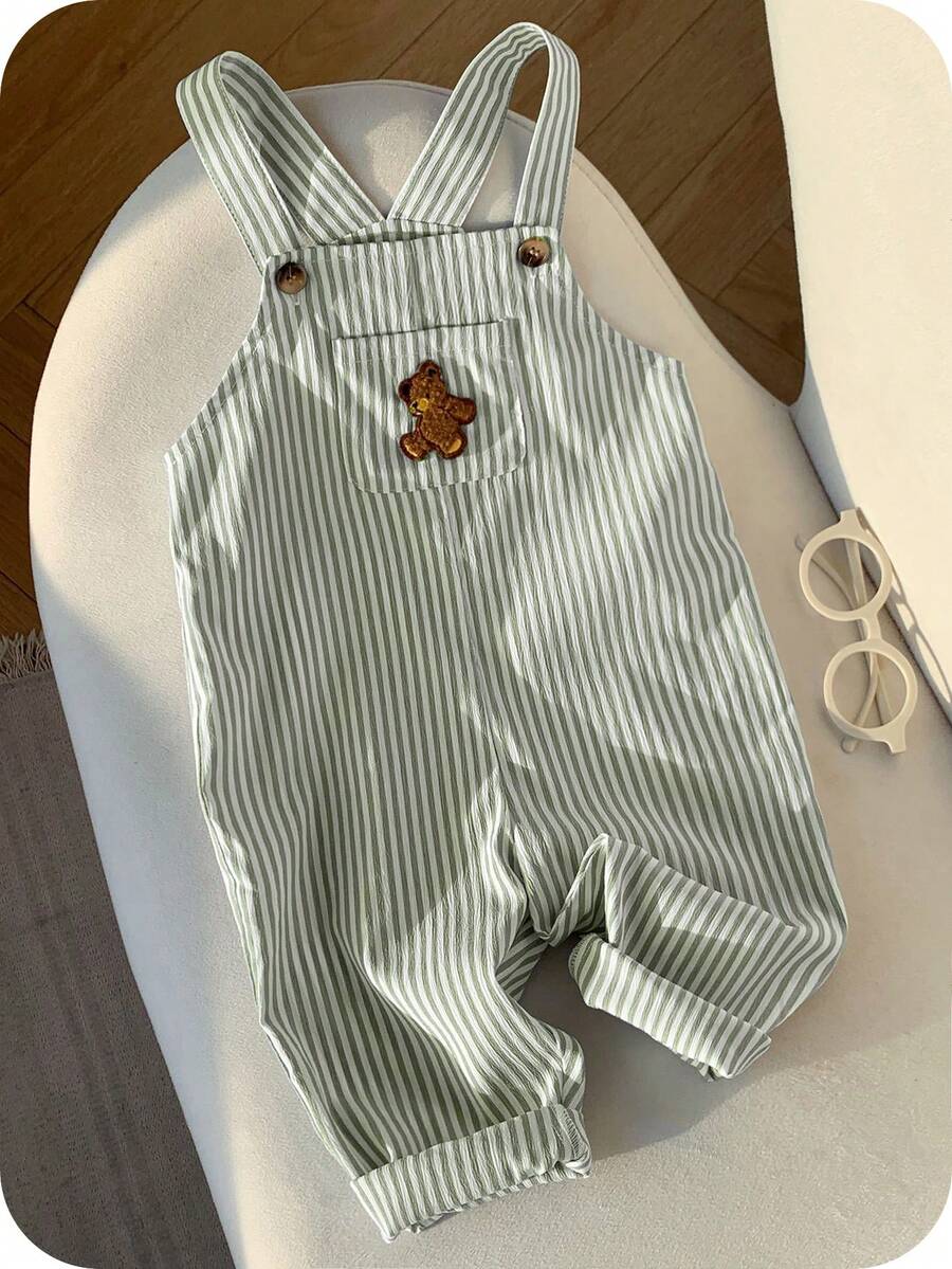 SHEIN Baby Boy Casual Cute Versatile Striped Cartoon Bear Pattern Bib Overalls - Multicolor - View 1