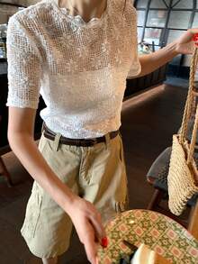 DAZY Women's Hollow Mesh Crochet Lace Short Sleeve Blouse Top - White - View 7