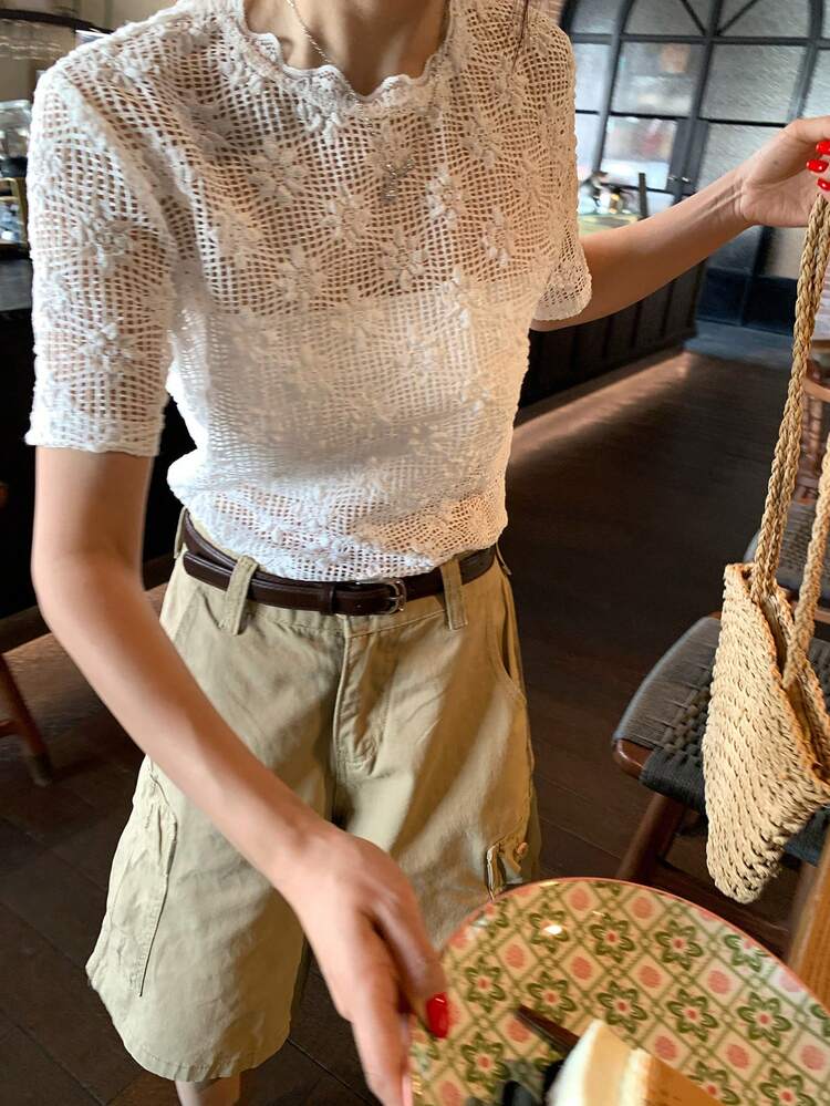 Women's Hollow Mesh Crochet Lace Short Sleeve Blouse Top Summer
