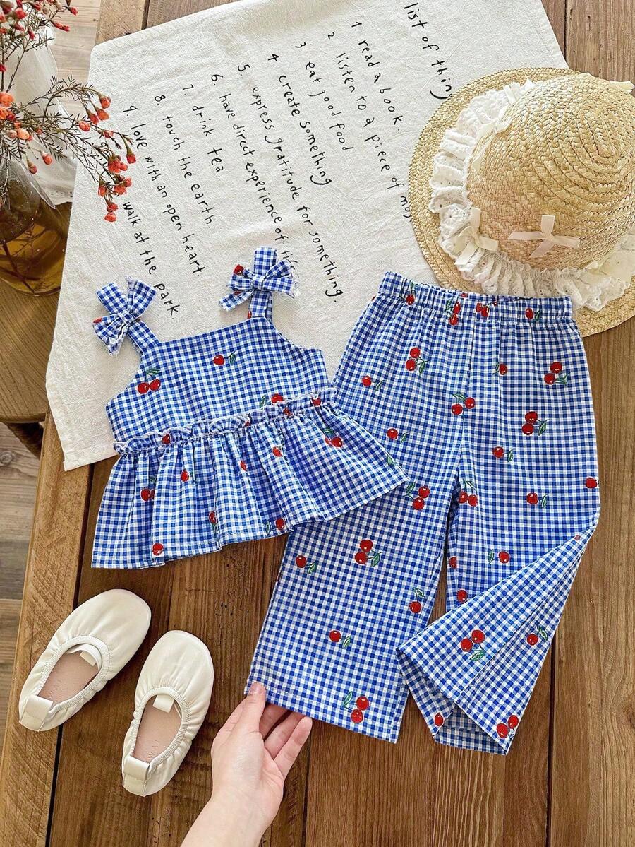 SHEIN 2pcs Baby Girl Woven Plaid Cherry Pattern Camisole And Long Pants Set - Multicolor - View 1