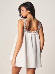MISSGUIDED Lace Trim Babydoll Nightdress Sleepwear Empire Waist Mini Sleep Dress Square Neckline Sleeveless Lingerie Nightgown Bedroom Loungewear - White - View 2