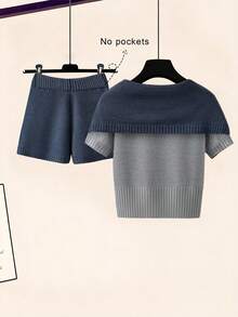 Resyla 女士休闲日常轻薄开衫，撞色纽扣松紧腰针织短裤两件套，春夏款 - 彩色 - 查看 2