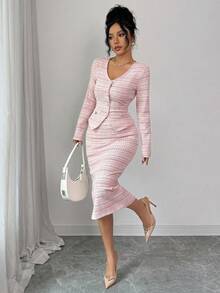 Elenzga Elegant Commuter Chic Elastic Tweed Silver Thread Texture Suit, Pearl Button Cardigan V-Neck T-Shirt Slim Fit + Elastic Waist A-Line Skirt, Women 2-Piece Set, Autumn/Winter - Multicolor - View 6