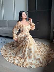 Dazy Plus 大码女式碎花甜心领灯笼袖优雅连衣裙 - 黃色 - 查看 5