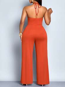 SOLERSUN Bộ jumpsuit nữ thanh lịch màu trơn, cổ khoét sâu, lưng hở với họa tiết đan chéo. - Rỉ Nâu - Xem 3