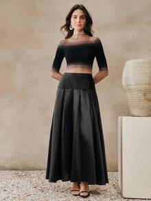 Anewsta 优雅休闲宽松高腰A字褶裥黑色女式半身裙 - 黑色 - 查看 6