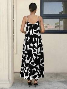 MaterniWear 孕妇V领几何印花休闲度假派对外出无袖连衣裙 - 黑與白 - 查看 2