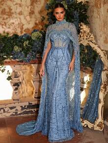 Glamrae 优雅奢华珍珠串珠设计可拆卸外套性感无肩带美人鱼连衣裙，适合婚礼、派对、度假、舞会、正式场合（重工装饰） - 藍色 - 查看 8