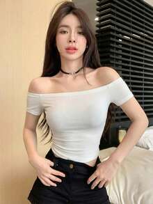 DAZY Áo thun nữ tay ngắn, màu trơn, kiểu dáng trễ vai, ôm sát, thích hợp cho mùa hè. - trắng - Xem 4
