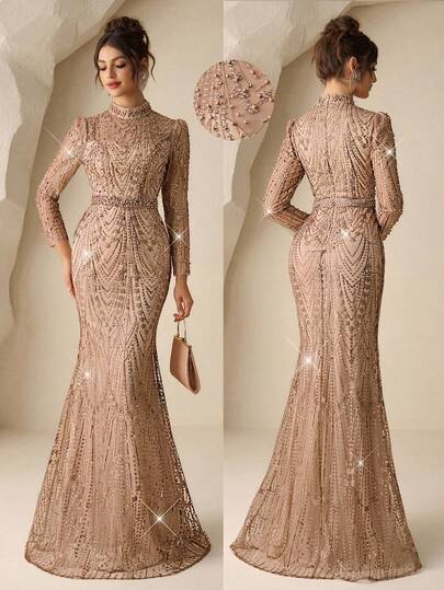 Coutiva Elegant High Neck Sequin Embroidery Pearl Rhinestone Design, Long Sleeves And Mermaid Skirt Formal Evening Dress, Designed For Wedding Guests, Ball Gowns, Dinner Party Dresses Rose Gold Dress Elegant Beaded Dress Rhinestone Dress Crystal Dress Diamond Dress Valentines Dress Elegant Dress Sequin Dress Floral Dress
