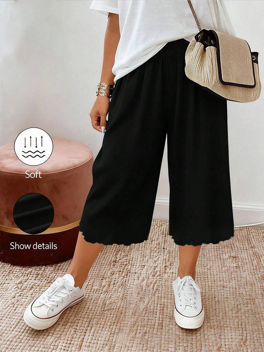 SHEIN PETITE CURVE 大码女式休闲抽绳腰针织七分裤 - 黑色 - 查看 1