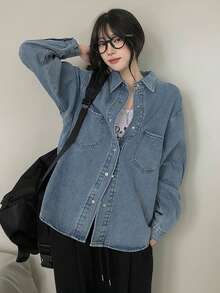 DAZY Áo sơ mi dài tay denim màu trơn dành cho nữ, áo kiểu rộng rãi, áo khoác mỏng mặc ngoài. - Rửa nhẹ - Xem 3