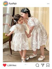 SHEIN Young Girls Floral Embroidery Tulle Ruffle Sleeve Cute Dress - Beige - View 6