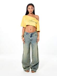 SUMWON WOMEN Quần jeans ống rộng cạp cao kiểu vintage với họa tiết chữ thêu nhiều màu sắc, thích hợp cho phong cách đường phố thường ngày mùa thu đông. - Màu xanh lam - Xem 3