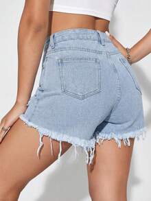 SHEIN Essnce Women's Fashion Casual Distressed Frayed Pocket Denim Shorts - Blue - View 2